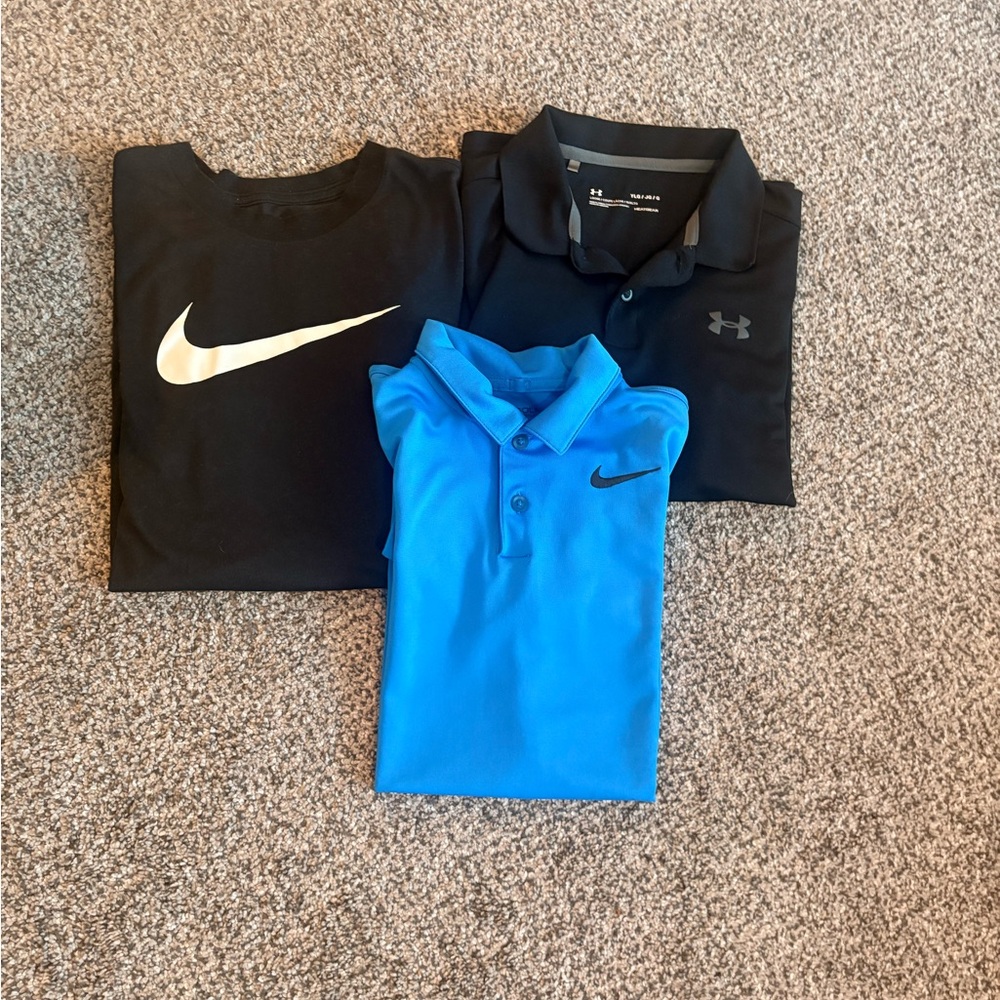 Nike Kids Black, Blue Polo golf Shirt. Plus black under armour golf shirt.